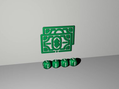 Duvarda nakit 3D simge ve yerde küp alfabe metni, iş ve para için 3D illüstrasyon