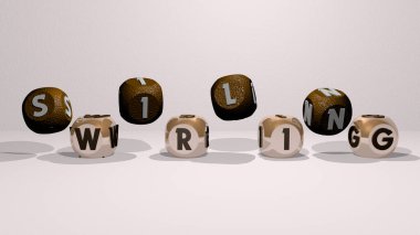 Girdap şeklinde dans eden kübik harfler, arka plan için 3D illüstrasyon ve soyut