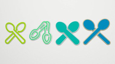 kaşık 4 simge seti, arkaplan ve ahşap için 3D illüstrasyon