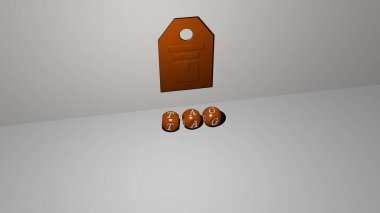 Duvardaki 3B simgesi ve yerdeki küp alfabelerin metni, işaret ve pankart için 3D illüstrasyon