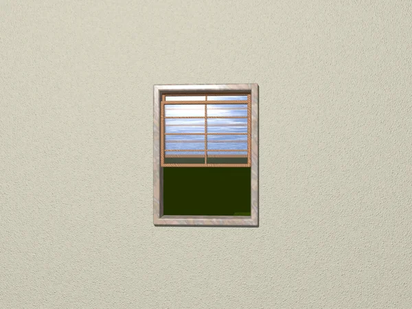 3D illustration of sash window opened to green lawn and cloudy blue sky from lemon chiffon wall. stone and wood materials for background and fresh