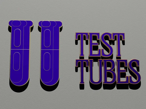 在墙上测试Tubes图标和文字 为背景和实验室提供3D插图 — 图库照片