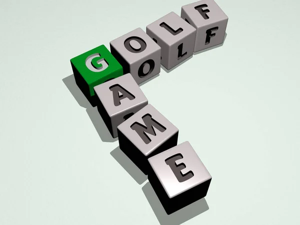 三角形のサイコロ状の文字でゴルフゲームのクロスワード ボールとクラブのための3Dイラスト — ストック写真