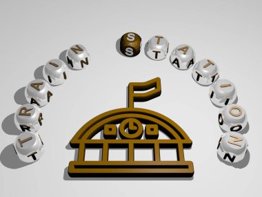TREN STASYONU 3D simge kübik harfler metni ile çevrili, yazı işleri ve demiryolu için 3D illüstrasyon