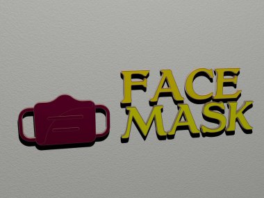 Duvarında simge olan yüz maskesinin 3 boyutlu temsili ve ayna zemininde metalik kübik harflerle konsept anlamında ve arkaplan ve güzellik için slayt gösterisi sunumu için düzenlenmiş metin