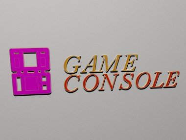 GAME CONSOLE 'un 3 boyutlu tasviri, duvarda simge ve ayna zemininde metalik kübik harfler ile illüstrasyon ve arkaplan için konsept ve slayt gösterisi sunumu için düzenlenmiş metni ile birlikte.