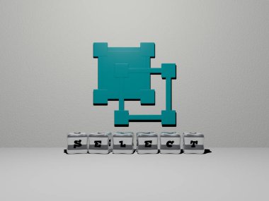 Duvarda 3D simge, yerde küp harfler, arkaplan ve odak için 3D illüstrasyon