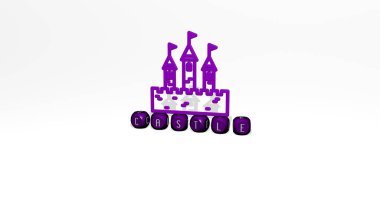Kübik harfler üzerinde CASTLE 3D simgesi, mimari ve bina için 3D illüstrasyon