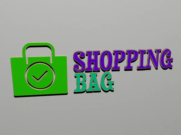 Ilustrace Grafiky Shopping Bag Textu Zhotoveného Kovovými Kostičkovými Písmeny Pro — Stock fotografie