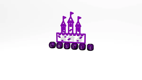 Castle Значок Над Кубическими Буквами Трехмерная Иллюстрация Архитектуры Строительства — стоковое фото
