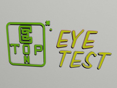 EYE TEST 'in 3 boyutlu tasviri. Duvarında simge ve ayna zemininde metalik kübik harflerle konsept anlamında ve arkaplan ve illüstrasyon için slayt gösterisi sunumu için düzenlenmiş metin.