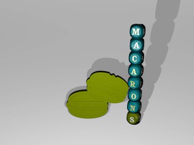 3 boyutlu simgenin yanında macarons metni, arkaplan için 3 boyutlu illüstrasyon ve renkli