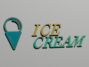 Dondurmanın dikey olarak 3 boyutlu grafiksel görüntüsü ve üst perspektiften metalik kübik harflerle oluşturulan metinler, konsept sunumu ve arkaplan ve soğuk için slayt gösterileri için mükemmel