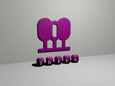 Duvarında simge olan ağaçların 3 boyutlu temsili ve ayna zemininde metalik kübik harflerle konsept anlamı ve arkaplan ve güzellik için slayt gösterisi sunumu için düzenlenmiş metin