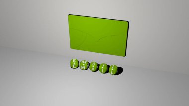 Duvarda 3D simge ve yerdeki küp alfabelerin metni, iş ve iletişim için 3D illüstrasyon
