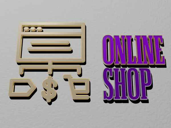 Ícone Shop Online Texto Parede Ilustração Para Negócios Conceito — Fotografia de Stock
