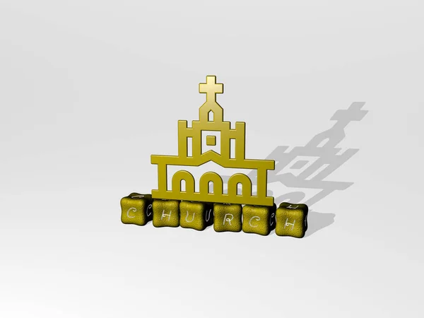 立方体テキスト上の教会3Dアイコン 建築や建物のための3Dイラスト — ストック写真