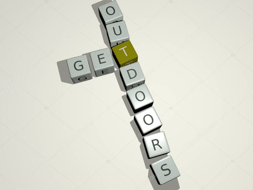 spring summer: get outdoors crossword by cubic dice letters, 3D illustration for beautiful and nature