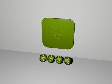 Duvarda RACK 3D simgesi ve yerdeki küp alfabelerin metni, arkaplan ve beyaz için 3D illüstrasyon