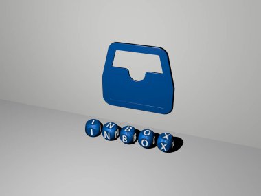 Duvardaki gelen kutusu 3D simgesi ve yerdeki küp alfabelerin metni, e- posta ve posta için 3D illüstrasyon