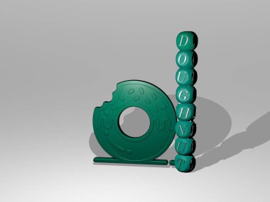 3B simgesinin yanında DOUGHNUT metni, donut ve arkaplan için 3D illüstrasyon