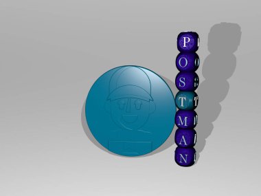 POSTMAN metni 3D simge, dağıtım ve çizgi film için 3D illüstrasyon yanında