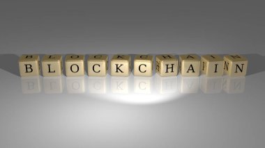 Zeminde küp zar harflerinin blok zinciri metni ve duvarda 3D simge, bitcoin ve konsept için 3B illüstrasyon