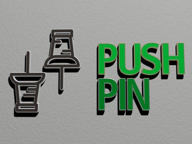 Duvardaki pin simgesi ve metne basın, düğme ve arkaplan için 3B illüstrasyon