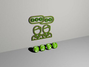 Duvardaki simge ile sohbetin 3 boyutlu temsili ve ayna zeminindeki metalik kübik harfler tarafından illüstrasyon ve iletişim için anlam ve slayt gösterisi sunumu için düzenlenmiş metin