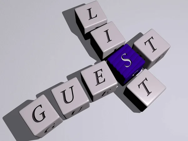 guest list crossword by cubic dice letters, 3D illustration for hotel and business