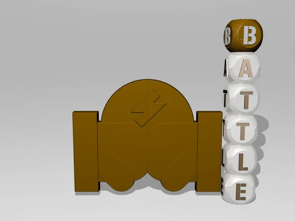 BATTLE 3D icon beside the vertical text of individual letters, 3D illustration for background and army
