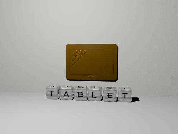 Tablet Icono Pared Letras Cúbicas Suelo Ilustración Para Computadora Digital —  Fotos de Stock