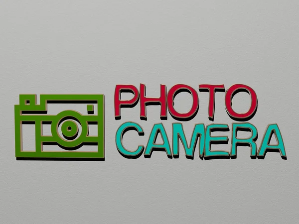 Graphical Image Photo Camera Vertically Text Built Metallic Cubic Letters — Stock Photo, Image