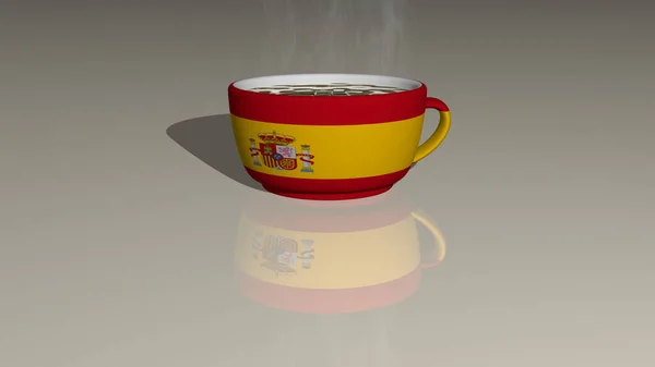 Španělsko Umístěné Šálek Horké Kávy Ilustraci Zrcadlené Podlaze Realistickou Perspektivou — Stock fotografie