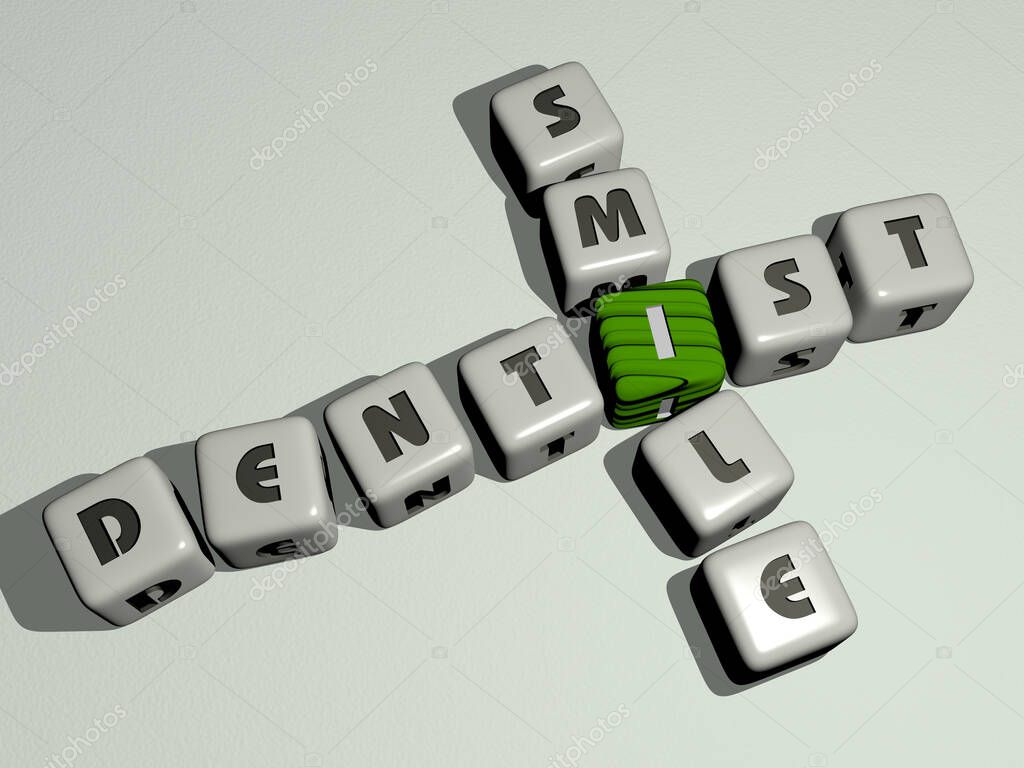 crucigrama de sonrisa del dentista por letras de dados cúbicos