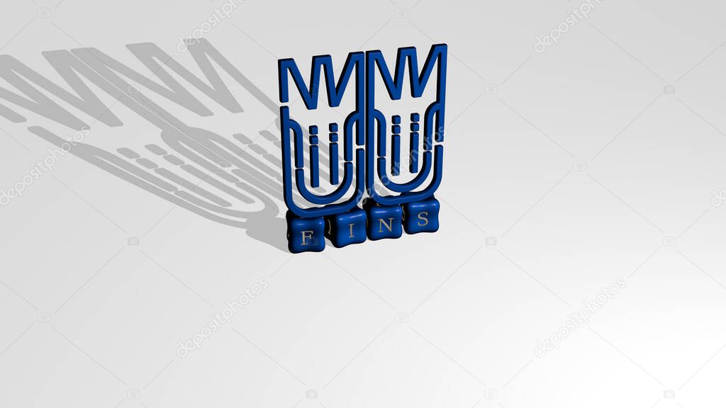 FINS 3D icon object on text of cubic letters, 3D illustration for fish and blue