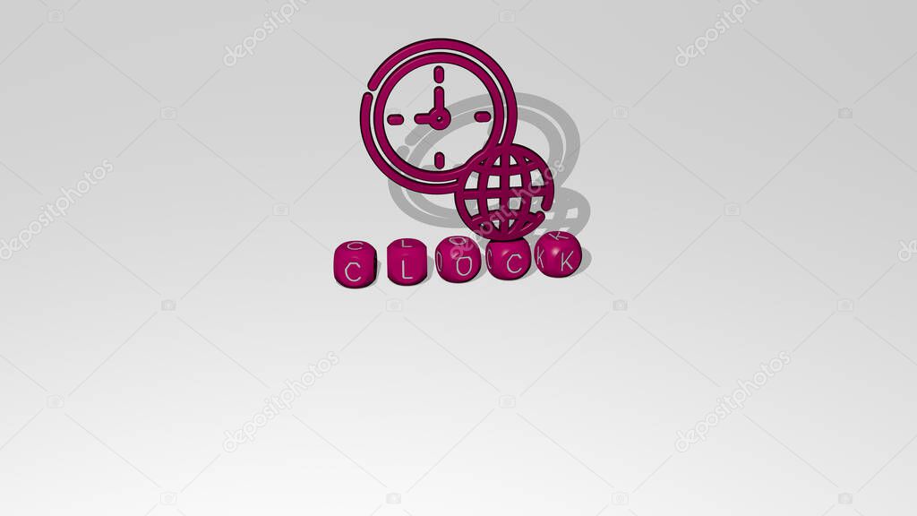 clock 3D icon over cubic letters, 3D illustration for background and alarm