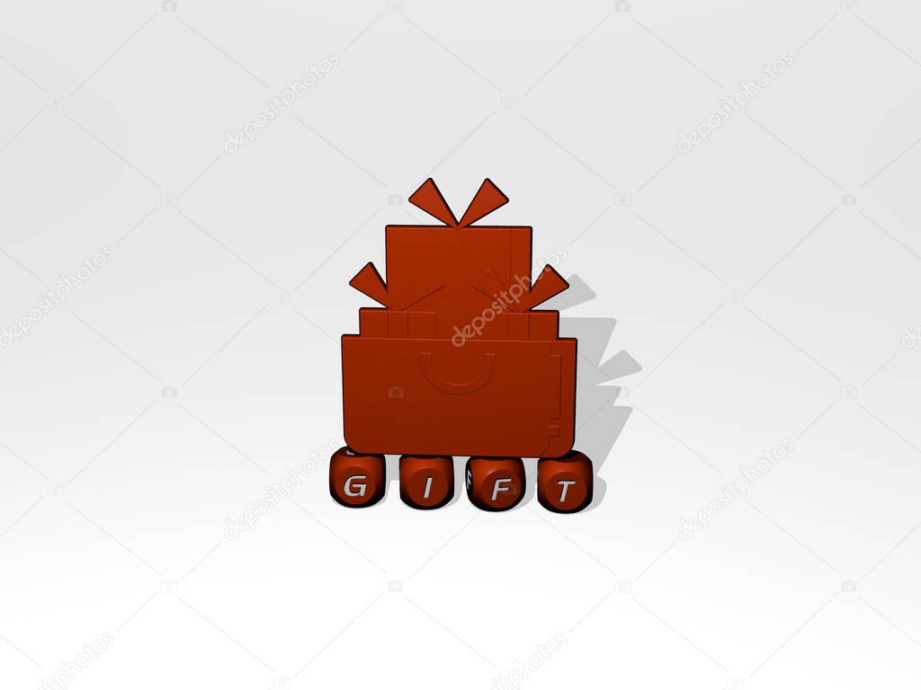 gift 3D icon over cubic letters, 3D illustration for background and christmas