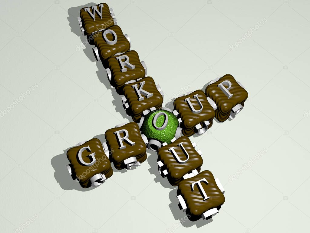 GROUP WORKOUT crossword of colorful cubic letters, 3D illustration for background and people