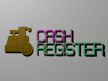 CASH REGISTER 'ın 3B grafik resmi dikey olarak üst perspektiften metalik kübik harflerle yapılmış metinlerle birlikte, konsept sunumu ve iş ve para için slayt gösterileri için mükemmel