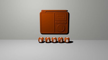 Duvardaki RADIO 3D simgesi ve yerdeki kübik alfabelerin metni, arkaplan ve ses için 3D illüstrasyon