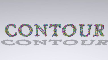 Renkli küçük nesneler tarafından üç boyutlu resimle yazılmış çizgi tasarım ve siyah için beyaz arkaplan üzerine gölge düşürüyor