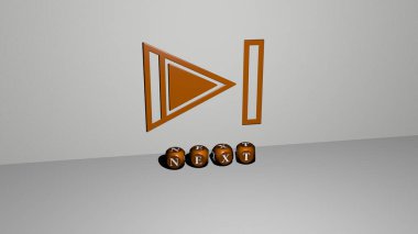 Duvarda bir sonraki 3 boyutlu simge ve yerdeki kübik alfabelerin metni, arkaplan için 3 boyutlu illüstrasyon ve güzel