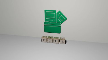 Duvarda 3D simge, yerde küp harfler, arka plan ve iş dünyası için 3D illüstrasyon