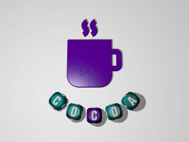 3 boyutlu simge etrafında COCOA metni, çikolata ve arkaplan için 3D illüstrasyon