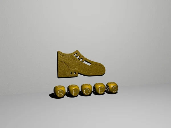 背景やファッションのコンセプトやプレゼンテーションの関連する意味のための金属ダイス文字によって作られた靴のグラフィックやテキストの3Dイラスト — ストック写真
