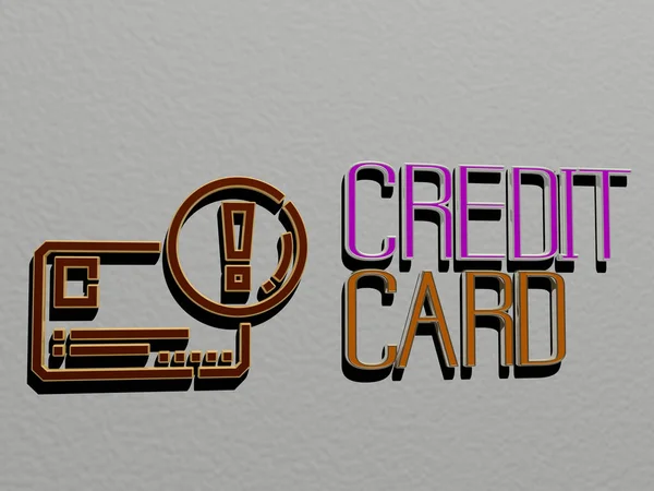 Credit Card的3D表示 其图标在墙上 文本用金属立方体字母排列在镜面 用于概念含义和幻灯片演示 用于业务和说明 — 图库照片