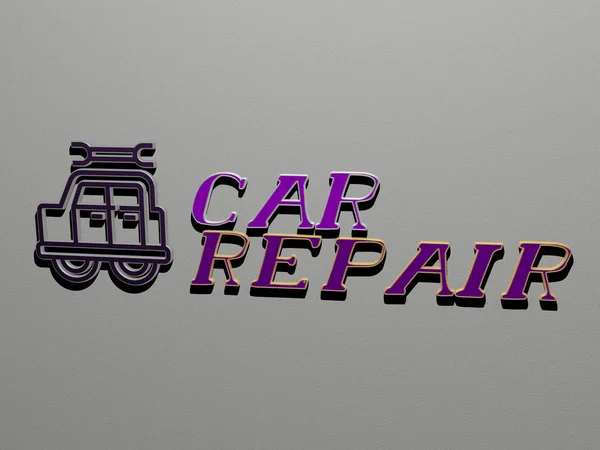 Car Repair图标和墙上的文字 汽车和汽车的3D插图 — 图库照片