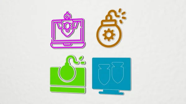 Cyber Attack Colorful Set Icons Illustration — Stock Photo, Image