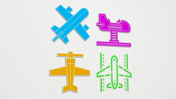 Renkli Düzlem Simgeleri Uçak Uçak Için Çizimler — Stok fotoğraf